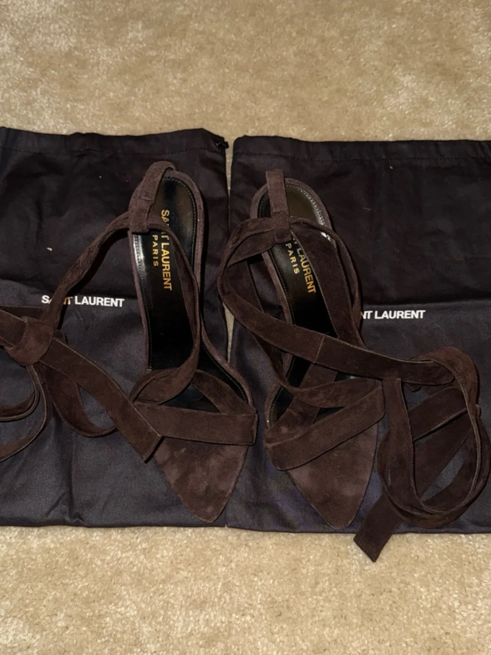 Saint Laurent Brown Suede Tie-Up Ankle Strap Heels Size 38 - Picture 4 of 6